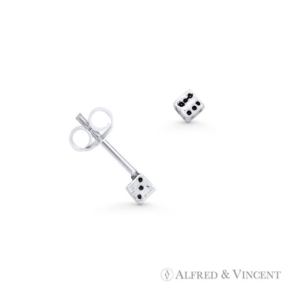 6-Side Dice Luck Charm Stud Earrings in Oxidized .925 Sterling Silver - Picture 1 of 1